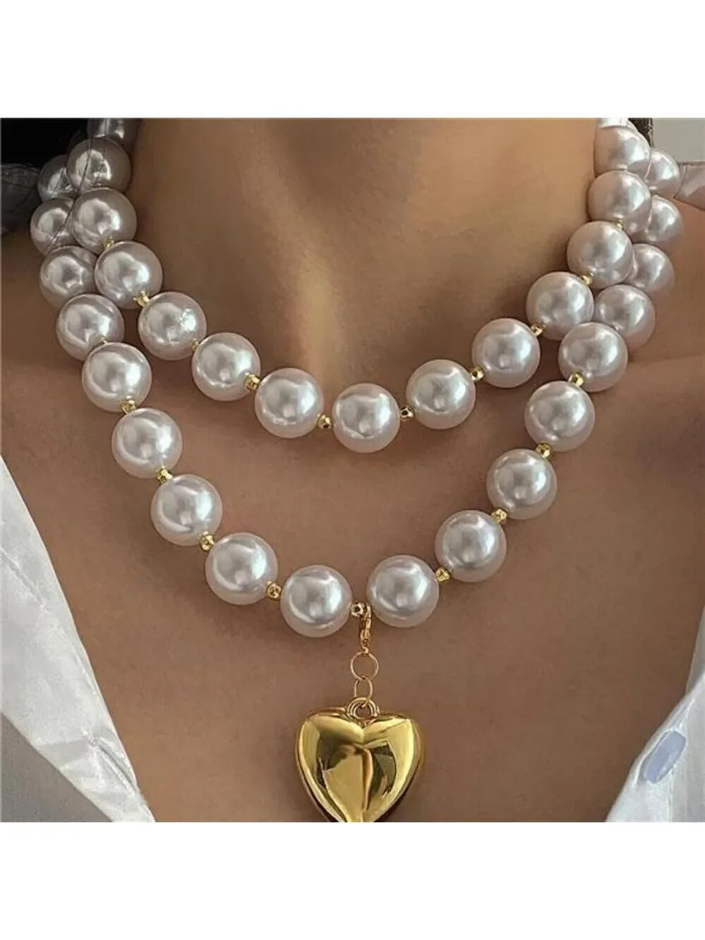 Chunky Pearl Gold Heart Necklace Large Round Bead Layered Necklace